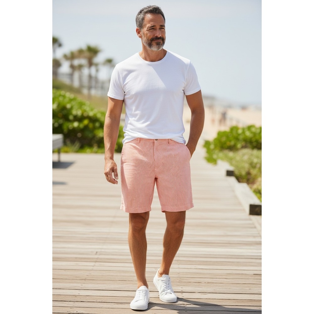 Berle Seersucker Shorts Men Orange White Striped Flat Front Cotton 33 R